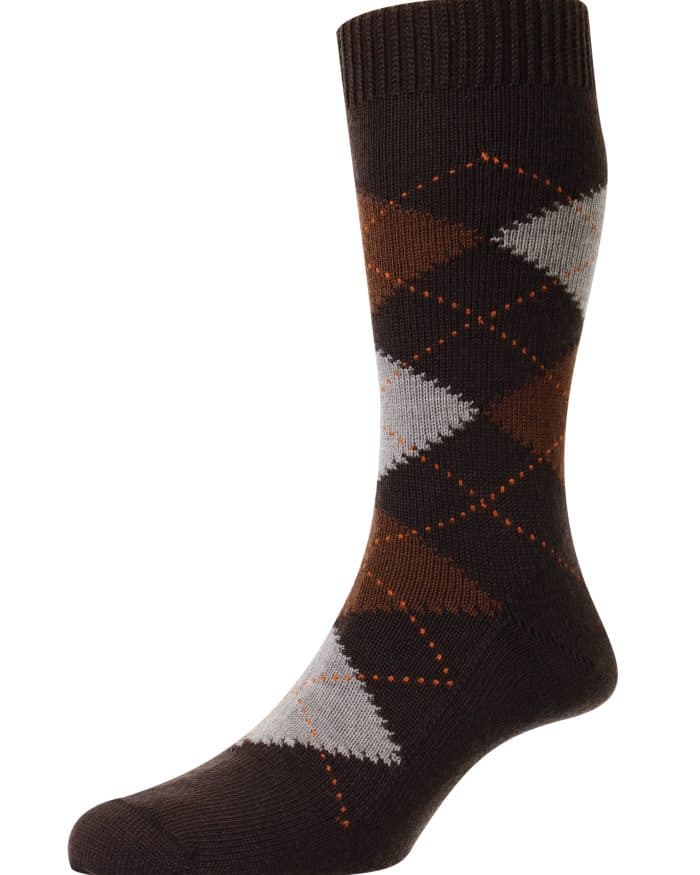A single brown sock with an argyle pattern in shades of brown, grey, and orange, displayed upright on a white background.