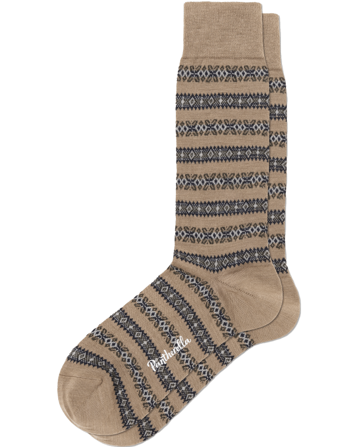A pair of tan socks featuring horizontal rows of black and grey geometric patterns, with Pantherella written in white near the toe area.