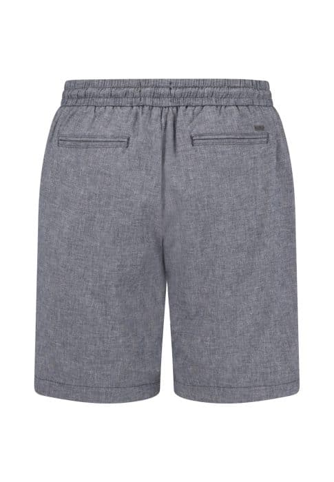 Back view of grey men's shorts with an elasticated waistband and two horizontal welt pockets. The fabric appears textured, and there is a small metallic brand tag above the right pocket.