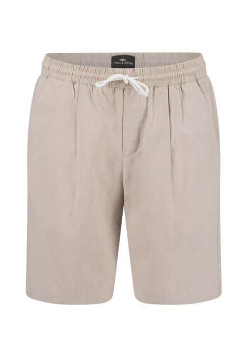 Beige linen shorts with an elasticated waistband, white drawcord, and front pleats, displayed against a white background.