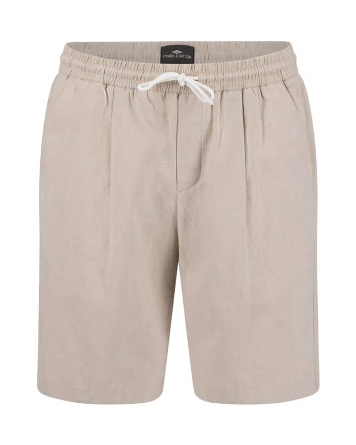 Beige linen shorts with an elasticated waistband, white drawcord, and front pleats, displayed against a white background.