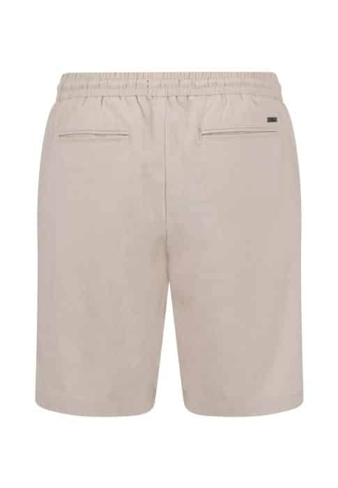 Beige shorts with an elasticated waistband and two back welt pockets, photographed against a white background.