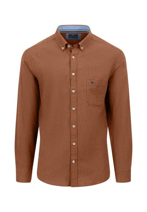 A long-sleeve, button-up brown shirt with a collar, white buttons, and a chest pocket. The collar is buttoned down, and the shirt has a classic, tailored fit.