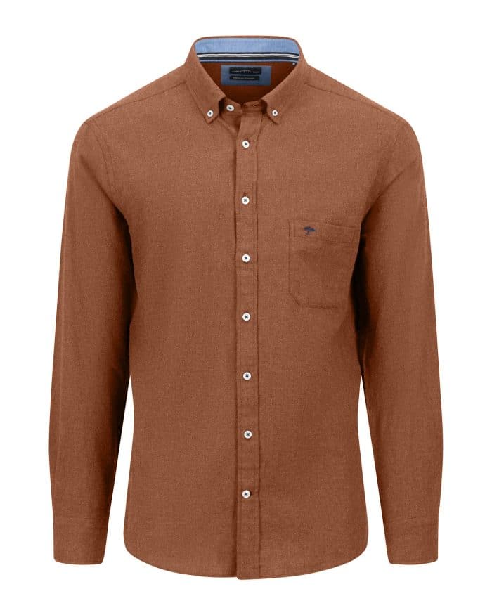 A long-sleeve, button-up brown shirt with a collar, white buttons, and a chest pocket. The collar is buttoned down, and the shirt has a classic, tailored fit.