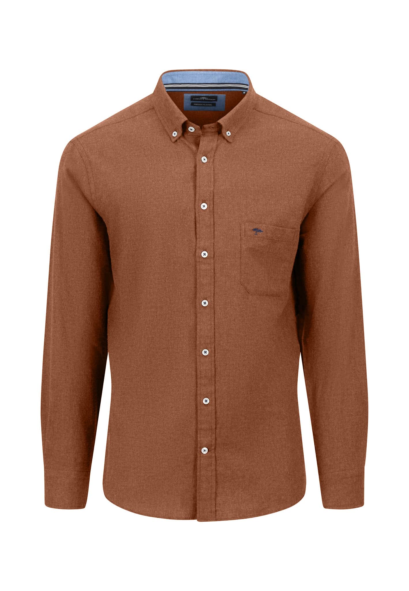 A long-sleeve, button-up brown shirt with a collar, white buttons, and a chest pocket. The collar is buttoned down, and the shirt has a classic, tailored fit.