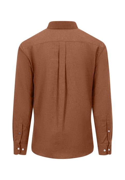 Back view of a long-sleeve, rust-coloured button-up shirt with a pleat in the centre and buttons on the cuffs, displayed against a white background.