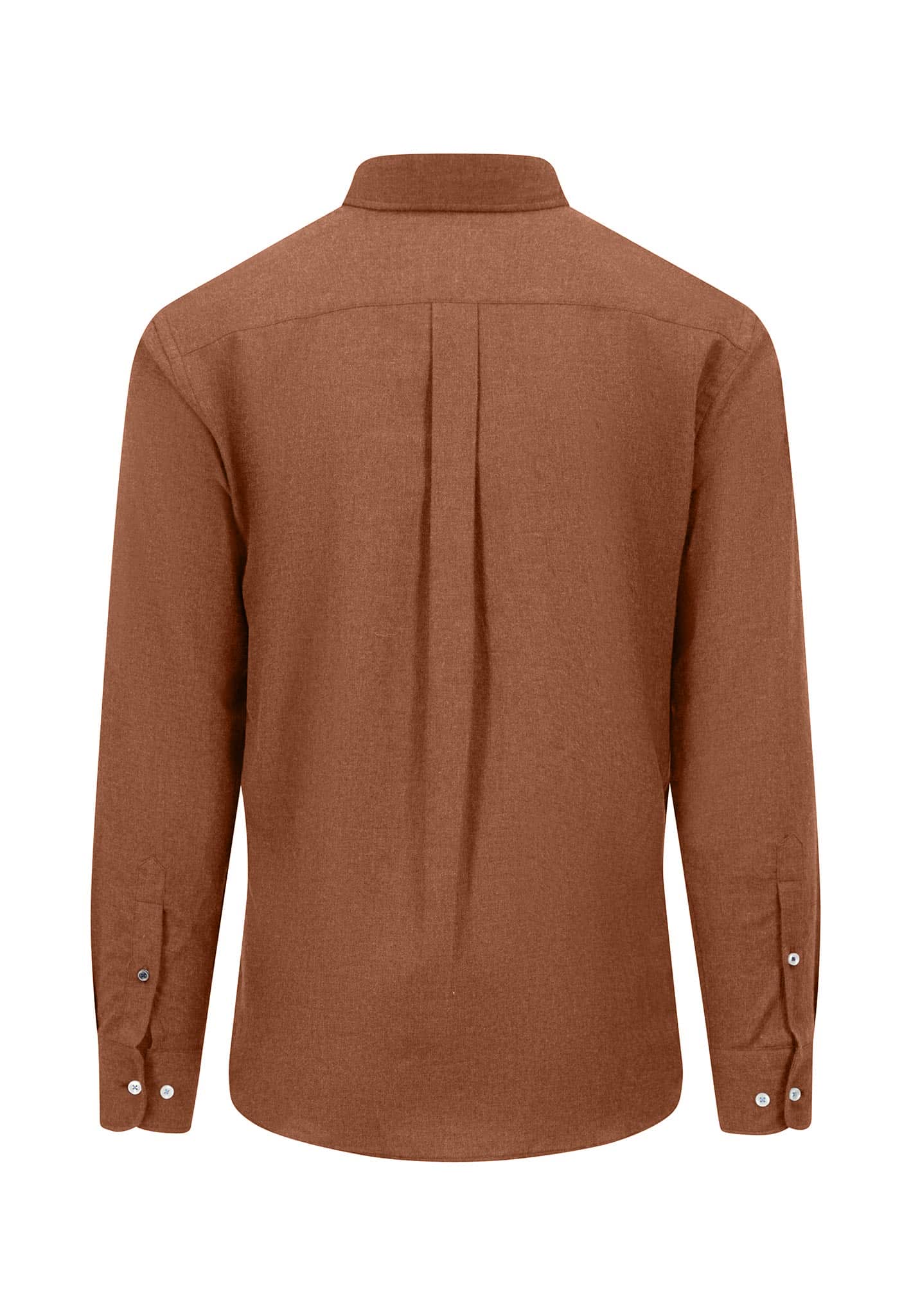 Back view of a long-sleeve, rust-coloured button-up shirt with a pleat in the centre and buttons on the cuffs, displayed against a white background.