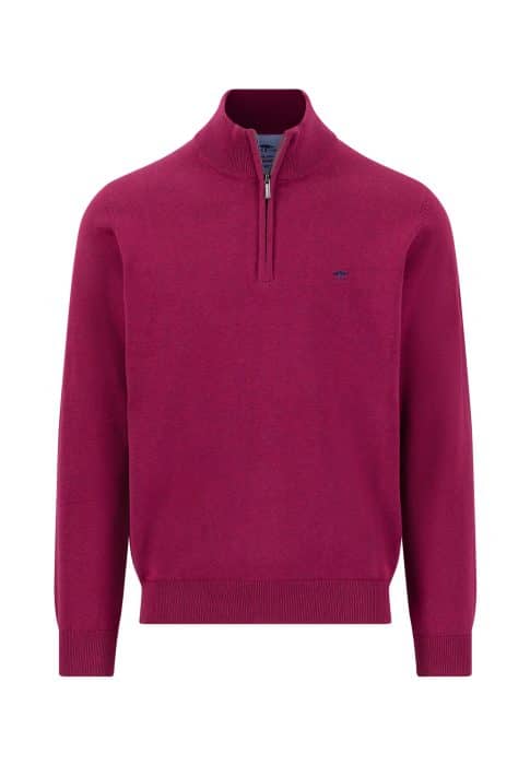 A long-sleeve, half-zip jumper in dark red with ribbed cuffs and hem, and a small embroidered logo on the left chest.