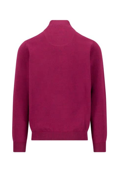 A back view of a long-sleeved, magenta-coloured jumper with ribbed cuffs, waistband, and collar.