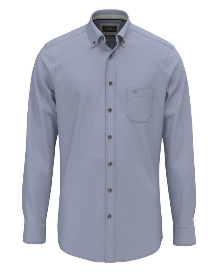 Light grey long-sleeve button-up shirt with a front chest pocket and a small embroidered logo, displayed on a plain white background.