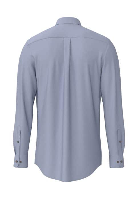 A light blue long-sleeve dress shirt shown from the back, featuring a central box pleat, a curved hem, and buttoned cuffs.