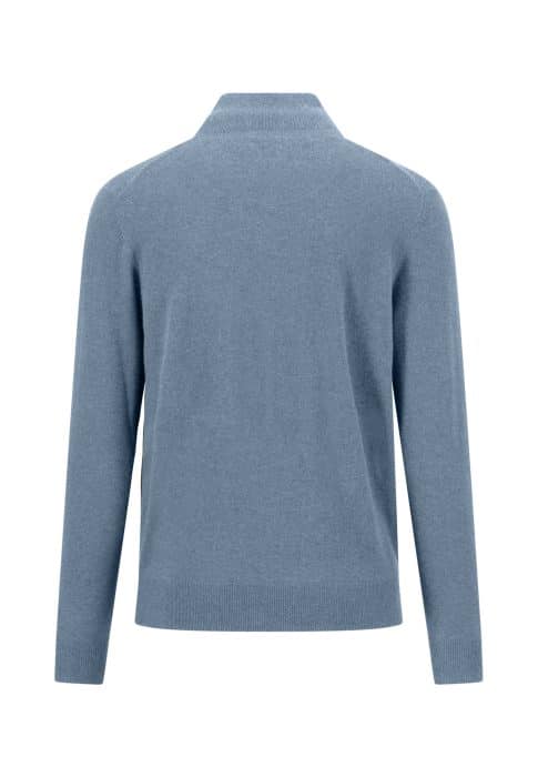 A light blue, long-sleeve jumper shown from the back, featuring a simple, collarless design and a straight hem.