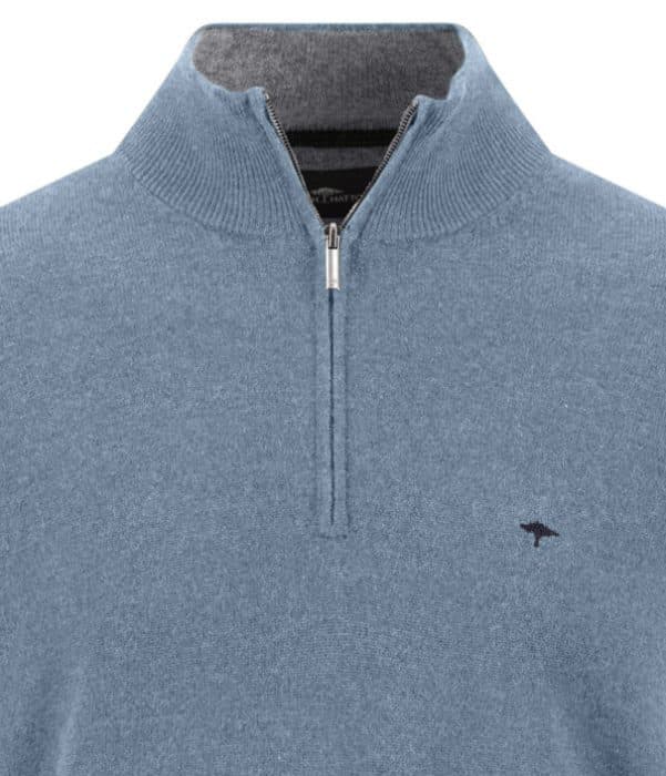 Light blue quarter-zip jumper with a small embroidered dolphin logo on the left chest, ribbed collar, and a visible grey inner lining.