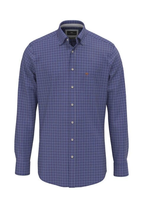 Blue long-sleeve button-up shirt with a small chequered pattern in white and red, featuring a front pocket and a collar.