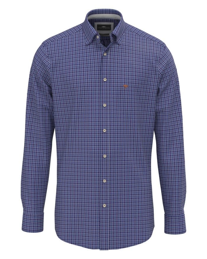 Blue long-sleeve button-up shirt with a small chequered pattern in white and red, featuring a front pocket and a collar.
