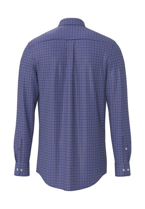 Back view of a long-sleeve, button-cuff men's dress shirt with a blue and white small checked pattern.