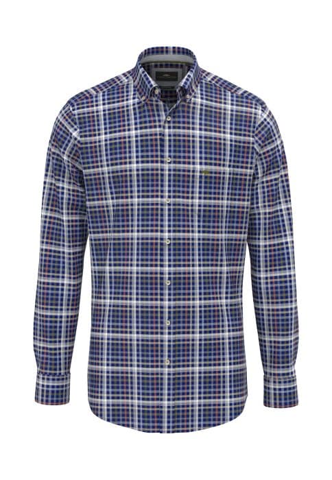 A long-sleeved, button-up shirt with a blue, white, and orange checked pattern, featuring a collar and a small chest pocket on the left side.