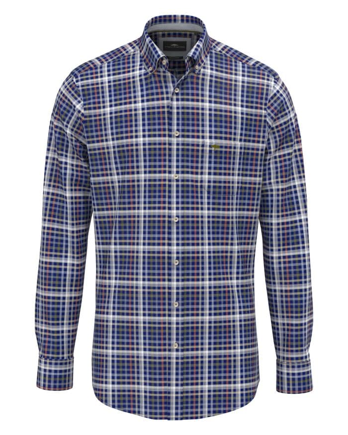 A long-sleeved, button-up shirt with a blue, white, and orange checked pattern, featuring a collar and a small chest pocket on the left side.