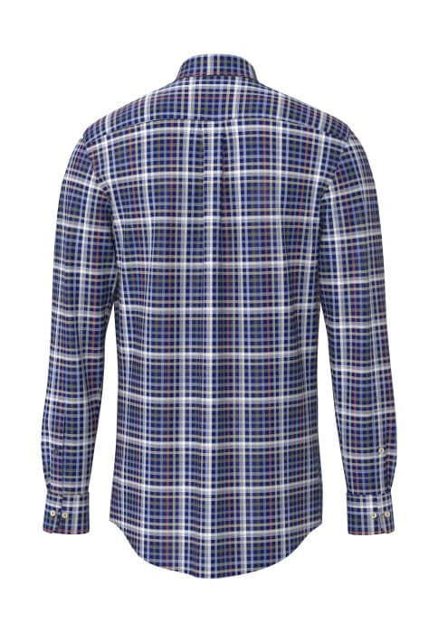 Back view of a long-sleeve button-up shirt with a blue, white, and red checked pattern. The shirt has a pointed collar and buttoned cuffs.