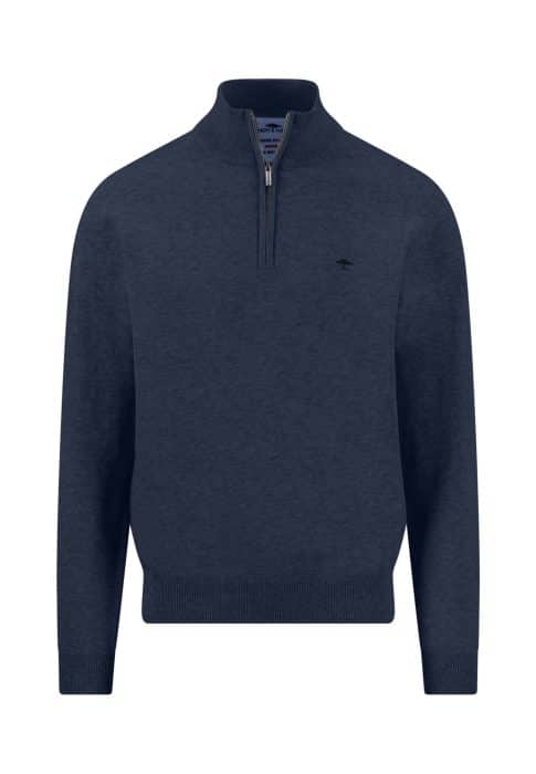 A navy blue, long-sleeve pullover jumper with a half-zip front, ribbed cuffs and hem, and a small embroidered logo on the left chest.