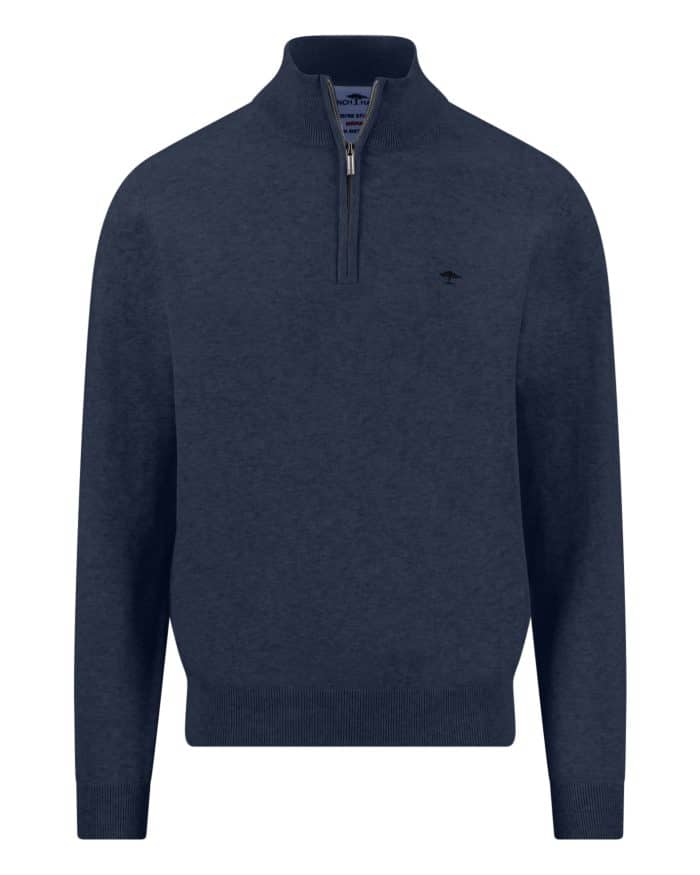 A navy blue, long-sleeve pullover jumper with a half-zip front, ribbed cuffs and hem, and a small embroidered logo on the left chest.