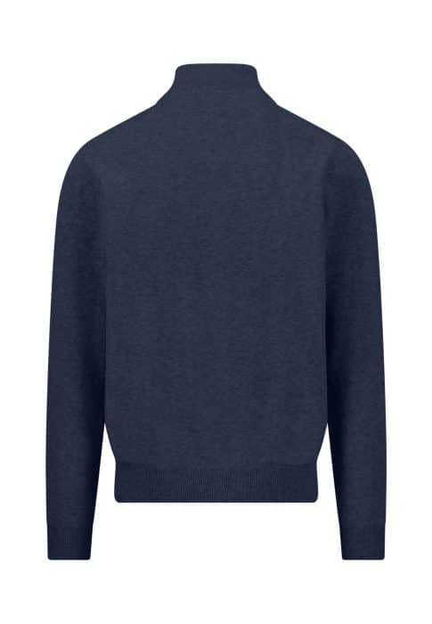 Back view of a plain, long-sleeved, dark blue jumper with ribbed cuffs, hem, and collar on a white background.