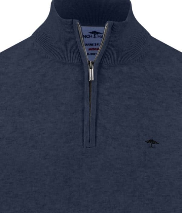Navy blue quarter-zip jumper with a ribbed collar and zip. A small embroidered tree logo appears on the left chest.