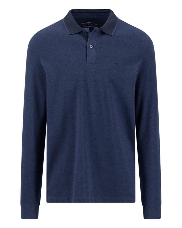 A navy blue, long-sleeve polo shirt with a collar and two buttons at the neckline, displayed on a plain white background. There is a small, subtle logo on the left chest.