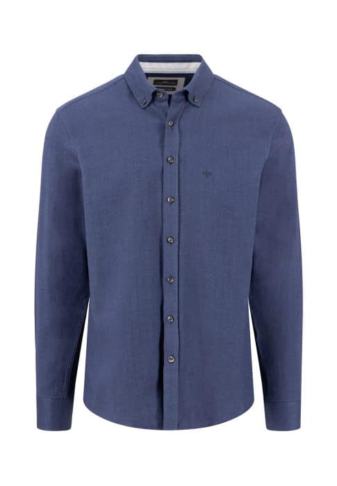 Long-sleeve, button-up, collared shirt in solid navy blue, displayed on a white background, with visible buttons and a subtle chest logo.