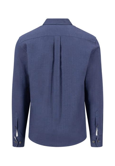 Back view of a long-sleeve, navy blue dress shirt with buttoned cuffs and a central pleat running down the middle.