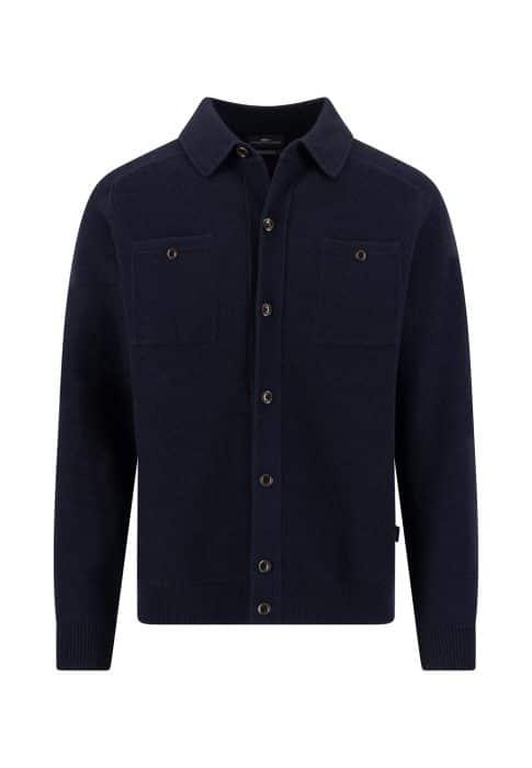 A navy blue button-up cardigan with long sleeves, two chest pockets, a collar, and ribbed cuffs and hem, displayed against a white background.