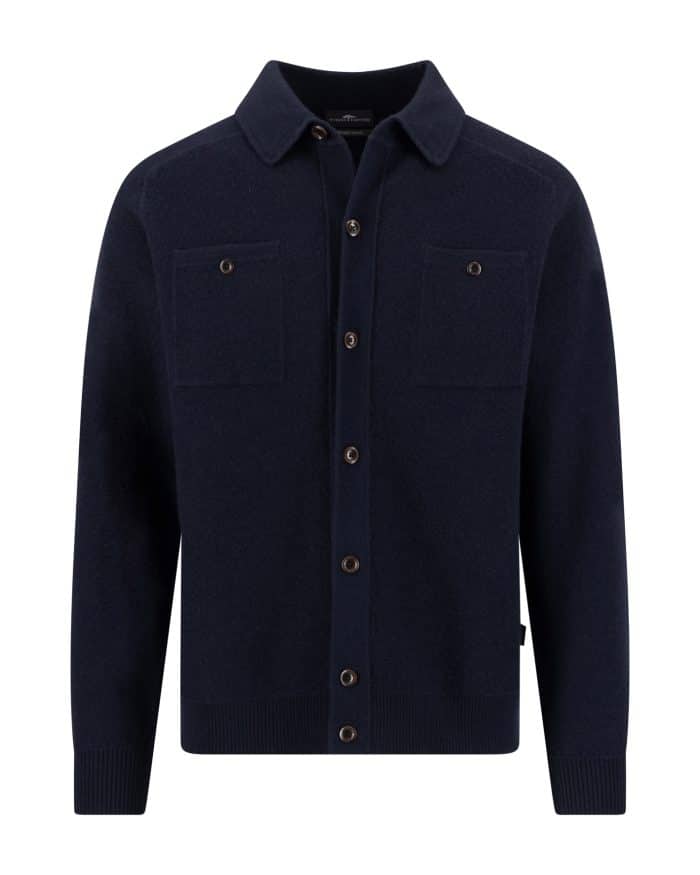 A navy blue button-up cardigan with long sleeves, two chest pockets, a collar, and ribbed cuffs and hem, displayed against a white background.