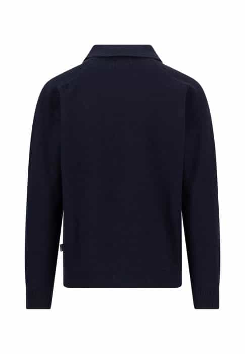 Back view of a long-sleeve, dark navy jumper with a collar and ribbed cuffs and hem, displayed on a plain white background.