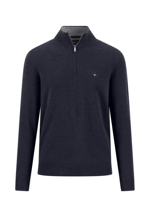 A dark navy blue, long-sleeve pullover jumper with a half-zip collar. The jumper features a small, subtle embroidered logo on the left chest and has a ribbed collar, cuffs, and hem.
