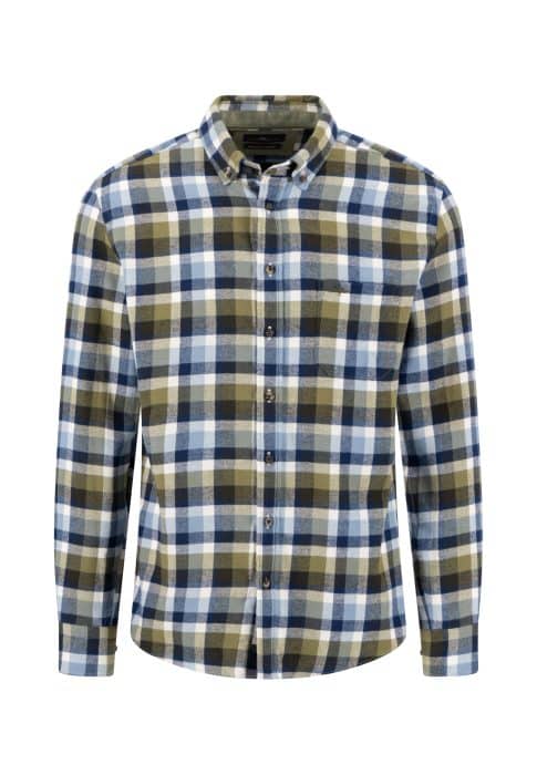 Long-sleeve button-up shirt with a blue, white, olive green, and beige check pattern. Shirt has a collar, a chest pocket on the left side, and is displayed on a plain white background.