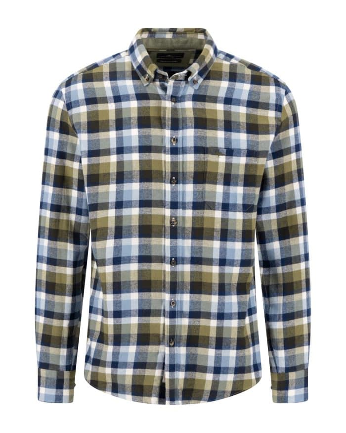 Long-sleeve button-up shirt with a blue, white, olive green, and beige check pattern. Shirt has a collar, a chest pocket on the left side, and is displayed on a plain white background.