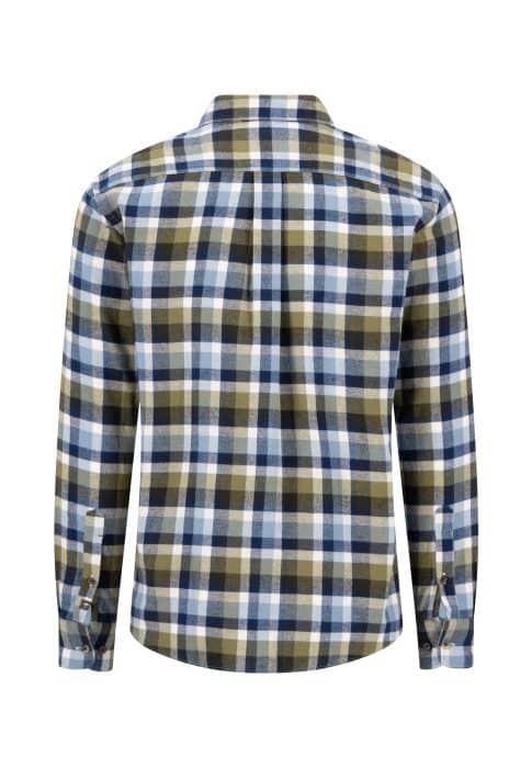 A long-sleeved, buttoned shirt with a blue, white, and olive green checked pattern shown from the back.