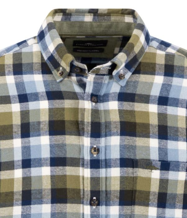 A close-up of a button-up shirt with a blue, green, and white check pattern. The shirt has a collar, buttons down the front, and a chest pocket.