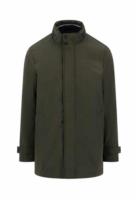 Dark green, long-sleeved jacket with a high collar, concealed front zip, press studs, two slanted front pockets, and adjustable straps on the cuffs. The jacket has a simple, minimalist design.