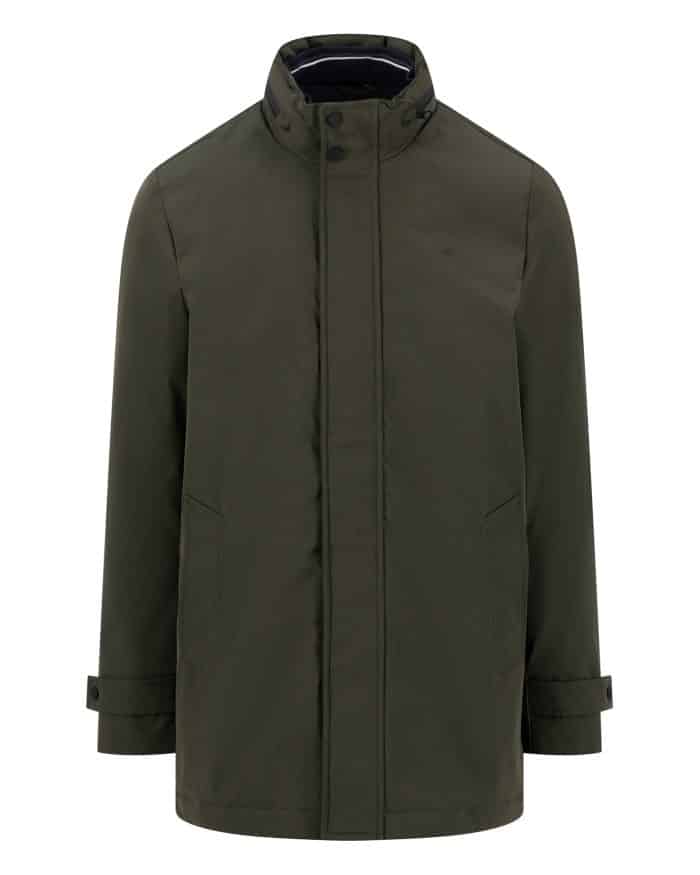 Dark green, long-sleeved jacket with a high collar, concealed front zip, press studs, two slanted front pockets, and adjustable straps on the cuffs. The jacket has a simple, minimalist design.