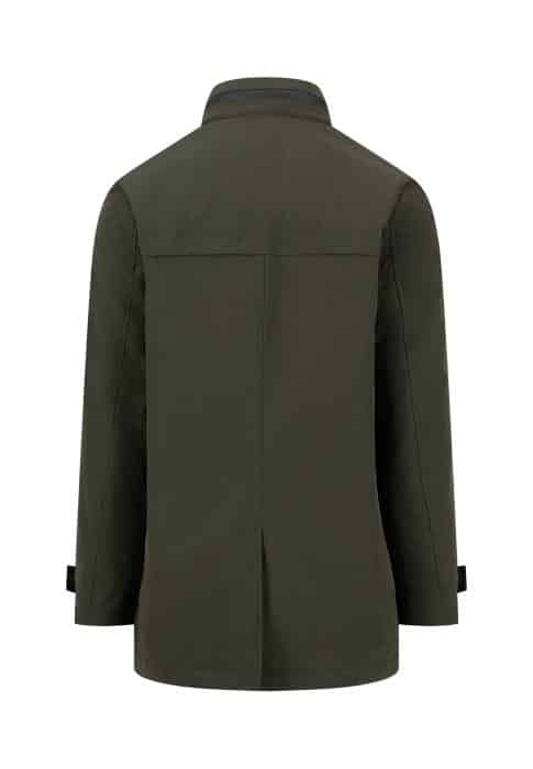 Back view of a dark green, long-sleeve jacket with a straight yoke, standing collar, and adjustable straps on the cuffs. The jacket has a streamlined design and no visible branding or embellishments.