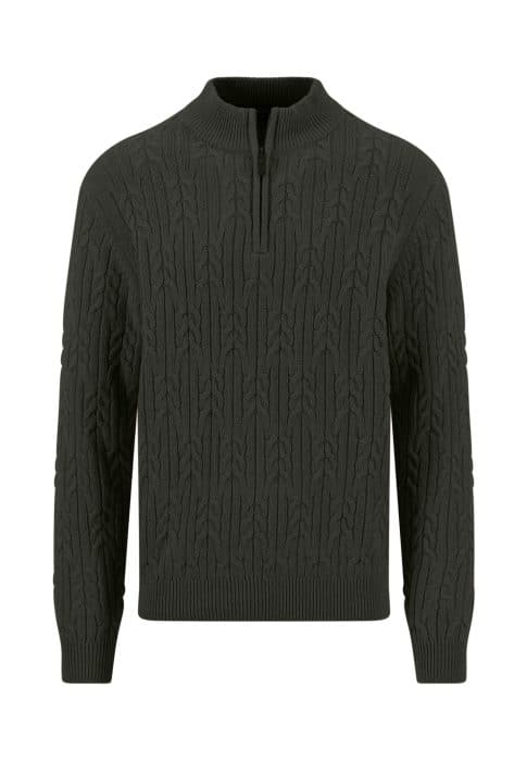 Dark green cable-knit jumper with long sleeves, a ribbed hem and cuffs, and a short zip at the collar. The textured pattern covers the entire front, sleeves, and neck area. Jumper is displayed on a plain white background.