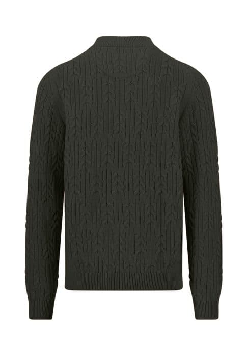 A dark green, long-sleeve, cable knit jumper is shown from the back. The jumper has a ribbed collar, cuffs, and hem, with a textured woven pattern throughout.