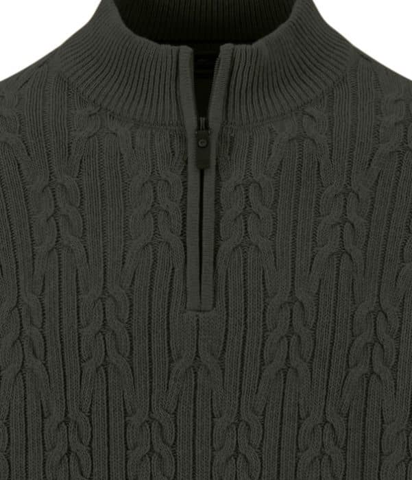 A close-up of a dark green cable-knit jumper with a half-zip collar, showing textured patterns and ribbed details around the neck.
