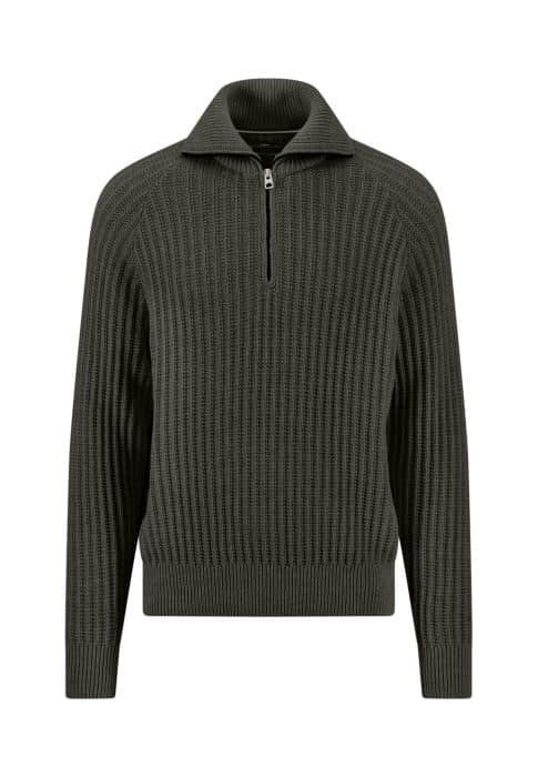 Dark green ribbed knit jumper with long sleeves, a quarter-zip front, and a fold-over collar, displayed on a white background.