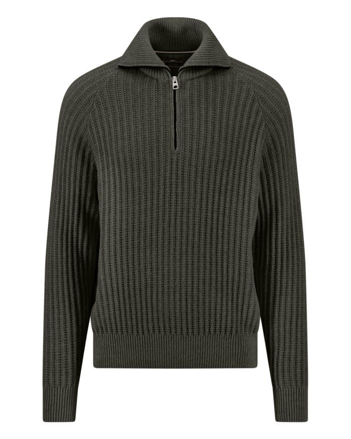 Dark green ribbed knit jumper with long sleeves, a quarter-zip front, and a fold-over collar, displayed on a white background.