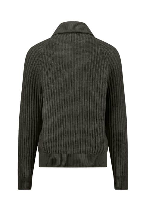 The image shows the back view of a dark green, ribbed knitted jumper with long sleeves and a collar.