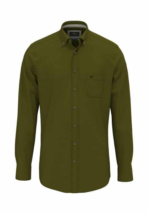 Olive green long-sleeve button-up shirt with a chest pocket and buttoned collar, displayed on a plain white background.