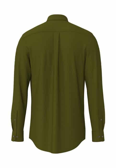 Back view of a long-sleeve, button-cuff, olive green shirt with a spread collar. The shirt has a centre back pleat and a curved hem.