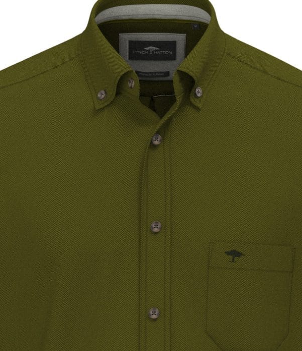 Olive green button-up shirt with a front pocket, button-down collar, and visible stitching. The brand label is inside the collar, and there is a small embroidered logo on the pocket.